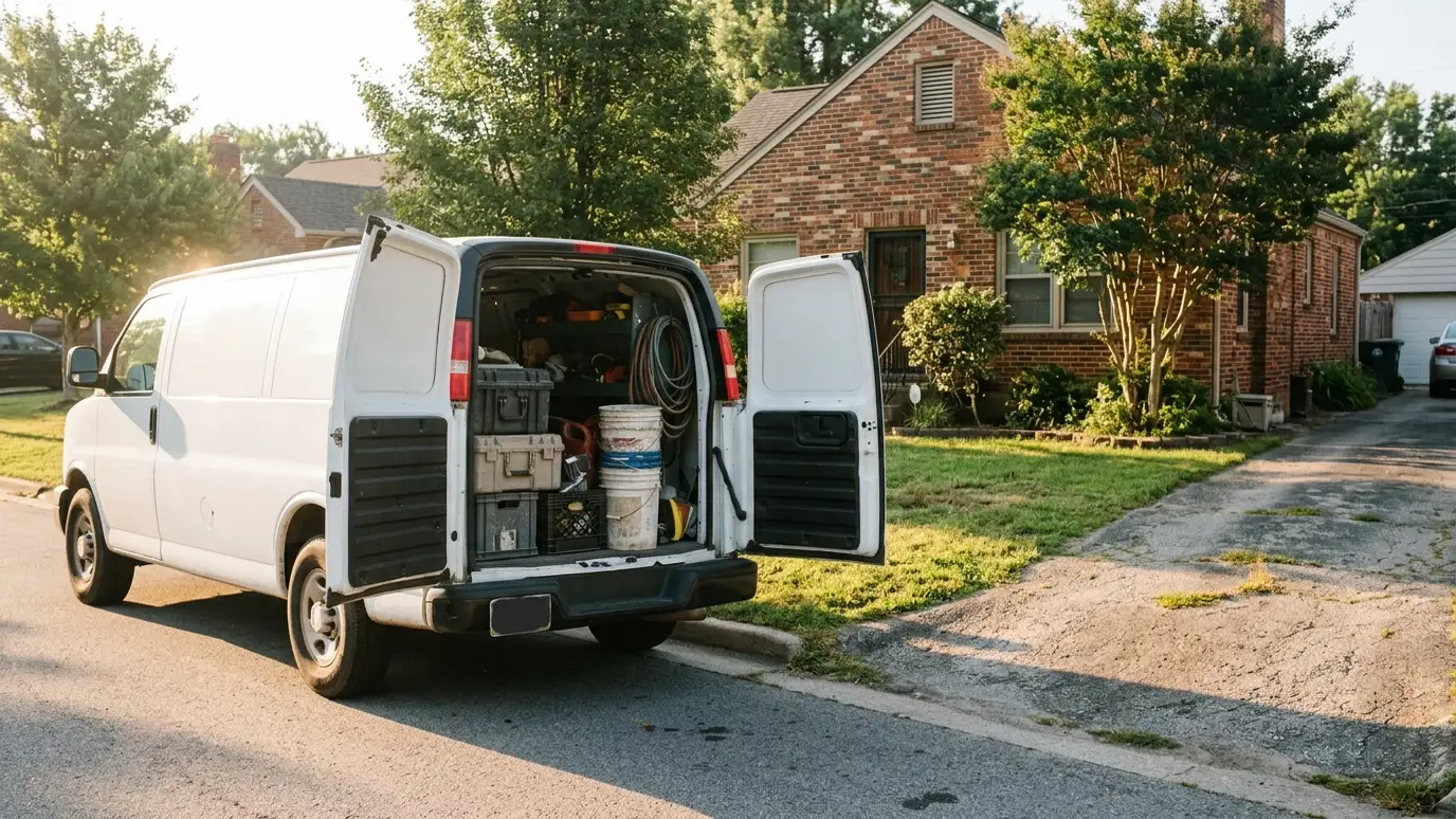 About Music City Grout A white work van with equipment cases and buckets visible through the open rear door parked in front of a brick home in warm morning light