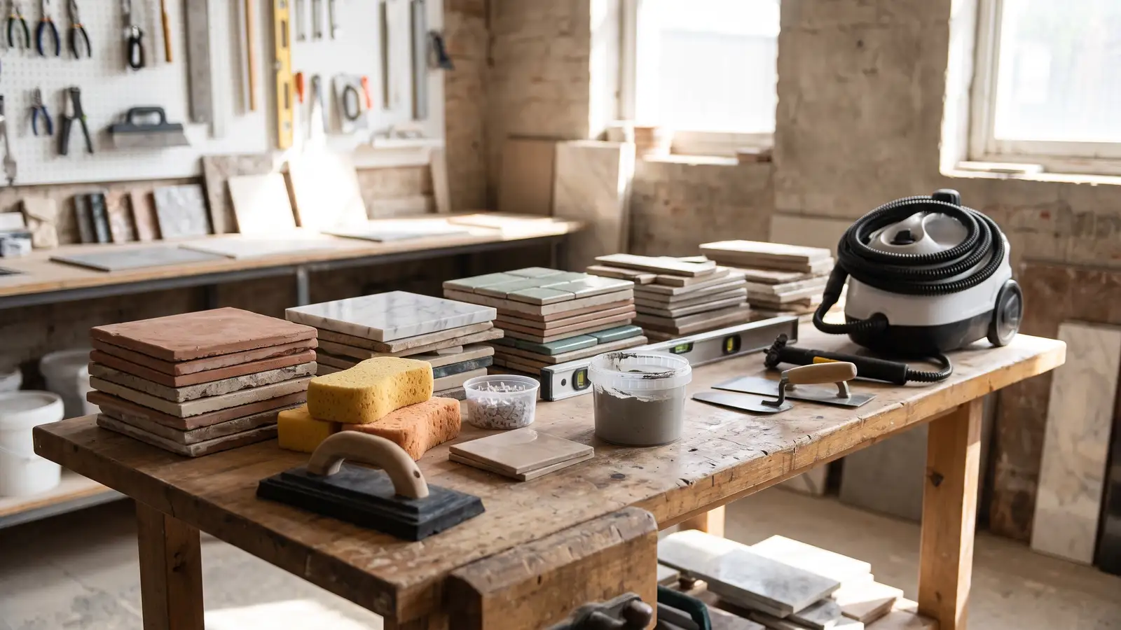 A tidy supply shelf with sealed buckets of grout, bottles of sealer, boxes of grout color samples, sponges and extraction equipment in a clean workshop