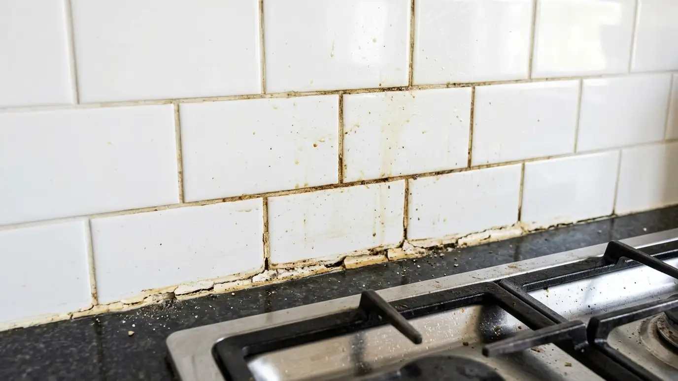 Before: a kitchen backsplash with greasy, stained grout and a cracked caulk line at the counter