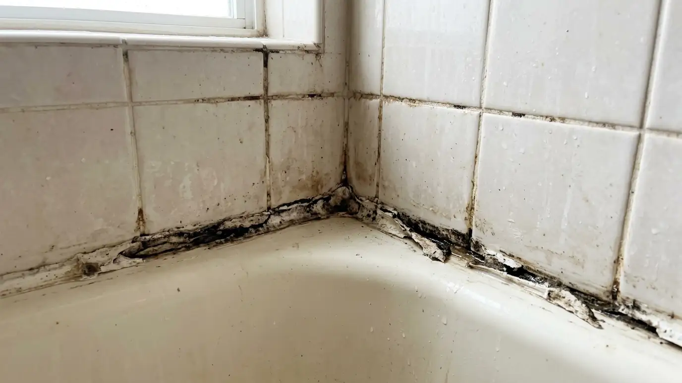 Before: a tub corner with black, peeling caulk and discolored grout