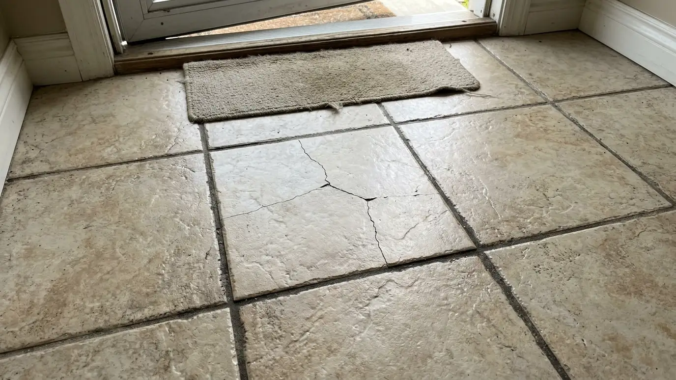 Before: a home entry floor with one cracked tile and dark, dirty grout