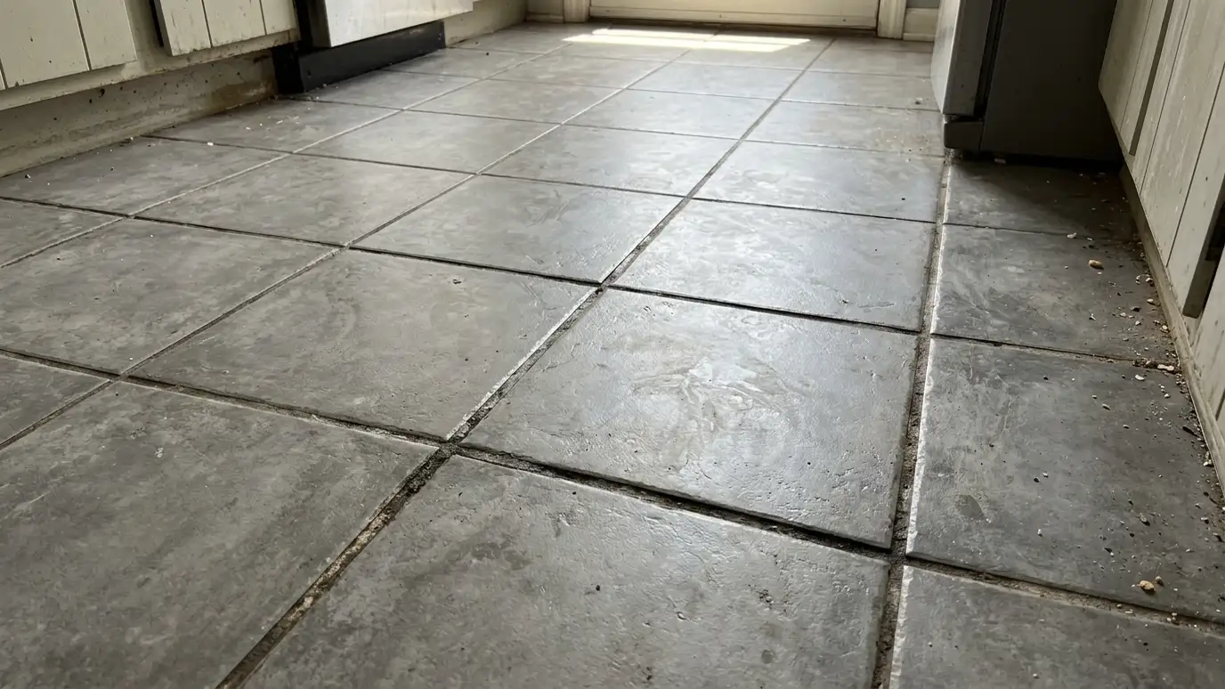 Before: a kitchen floor with gray tile with dark, grimy grout lines and a dull film