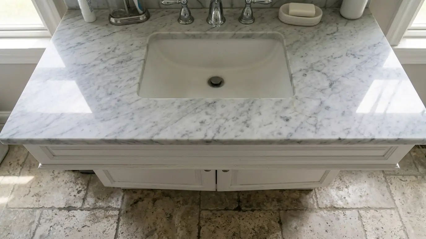 After: Etched marble polished | Music City Grout After: a marble vanity top and floor with a clean, glossy polished finish