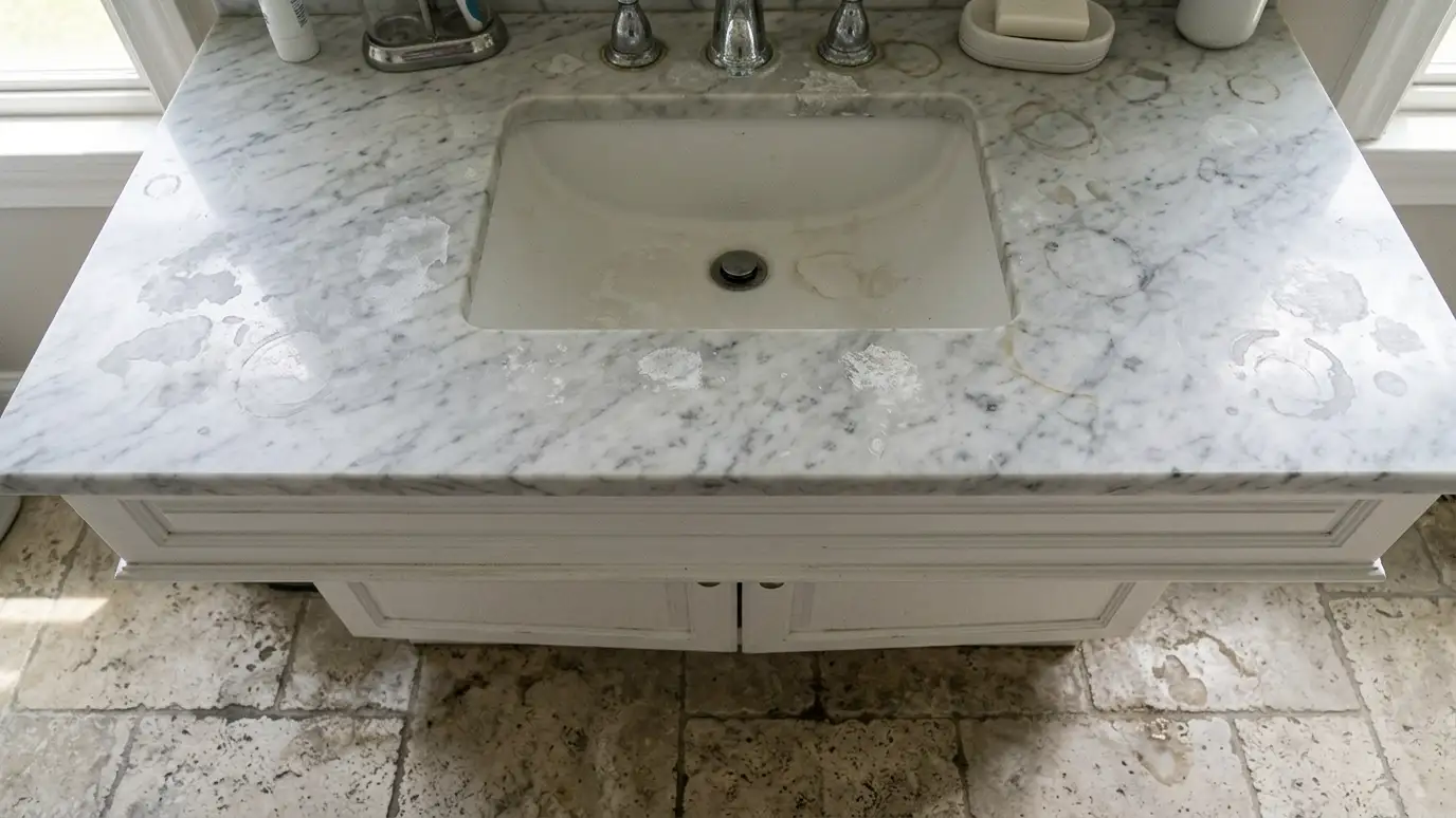 Before: a marble vanity top and floor with dull, etched, cloudy spots and water rings