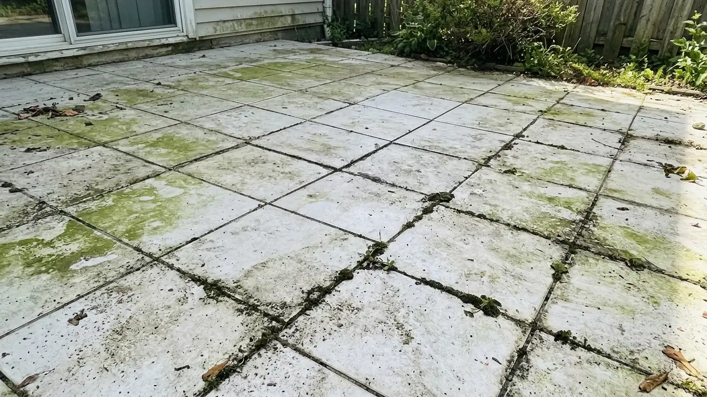 Before: an outdoor patio with porcelain tile with green algae stains and dark grout