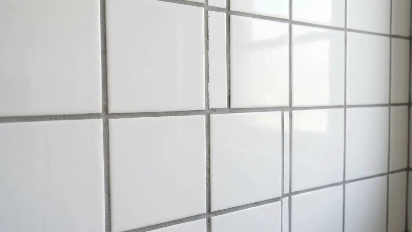 After: Patchy grout made uniform | Music City Grout After: a bathroom wall with even, clean medium gray grout lines