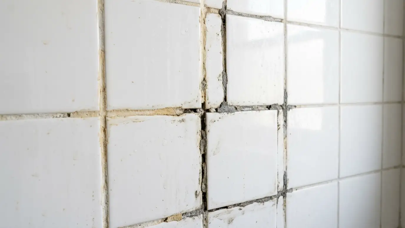 Before: a bathroom wall with white tile with stained, mismatched yellow and gray grout