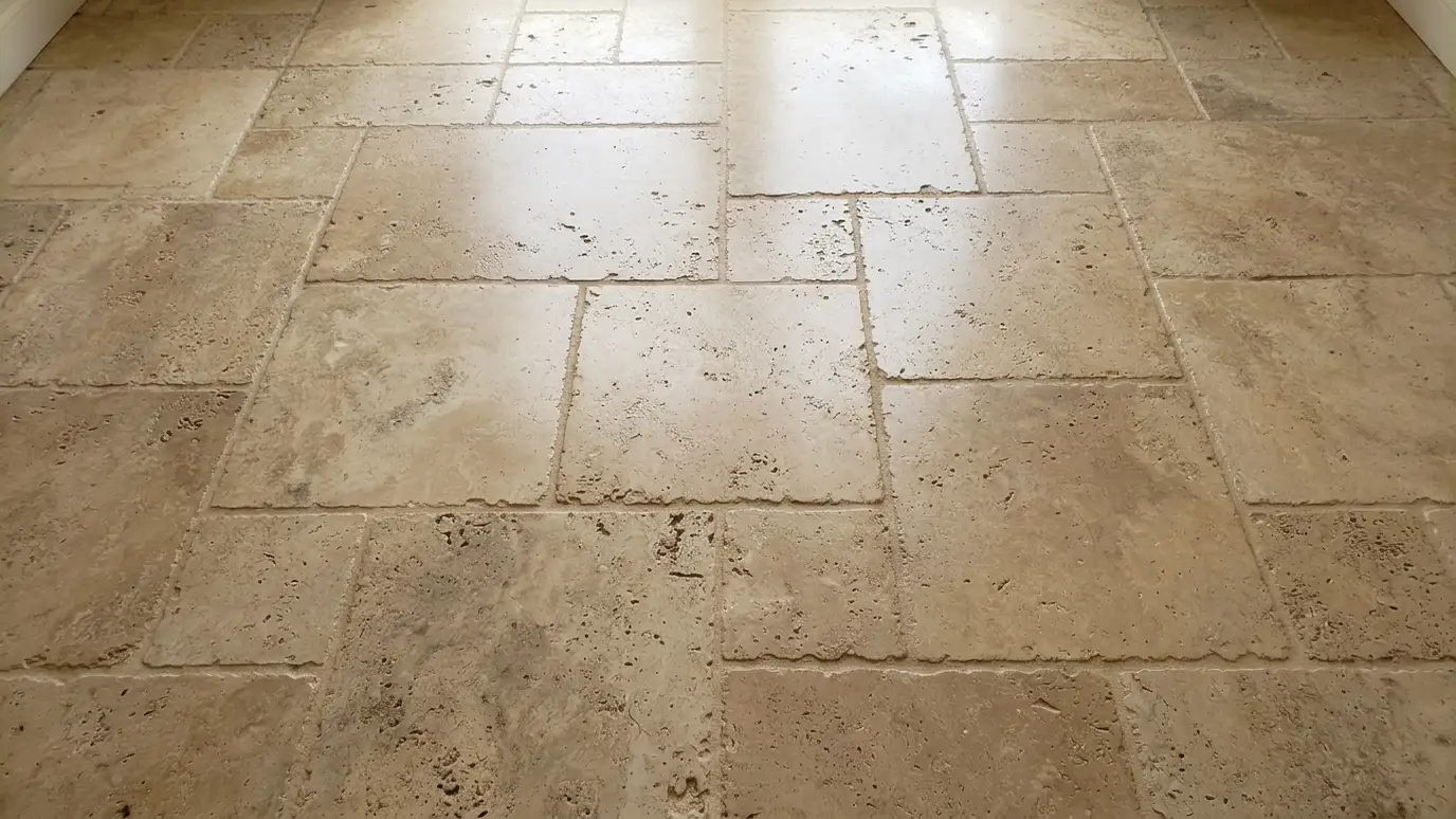 After: Pitted travertine restored | Music City Grout After: a travertine floor with an even honed finish with filled pits and clean grout
