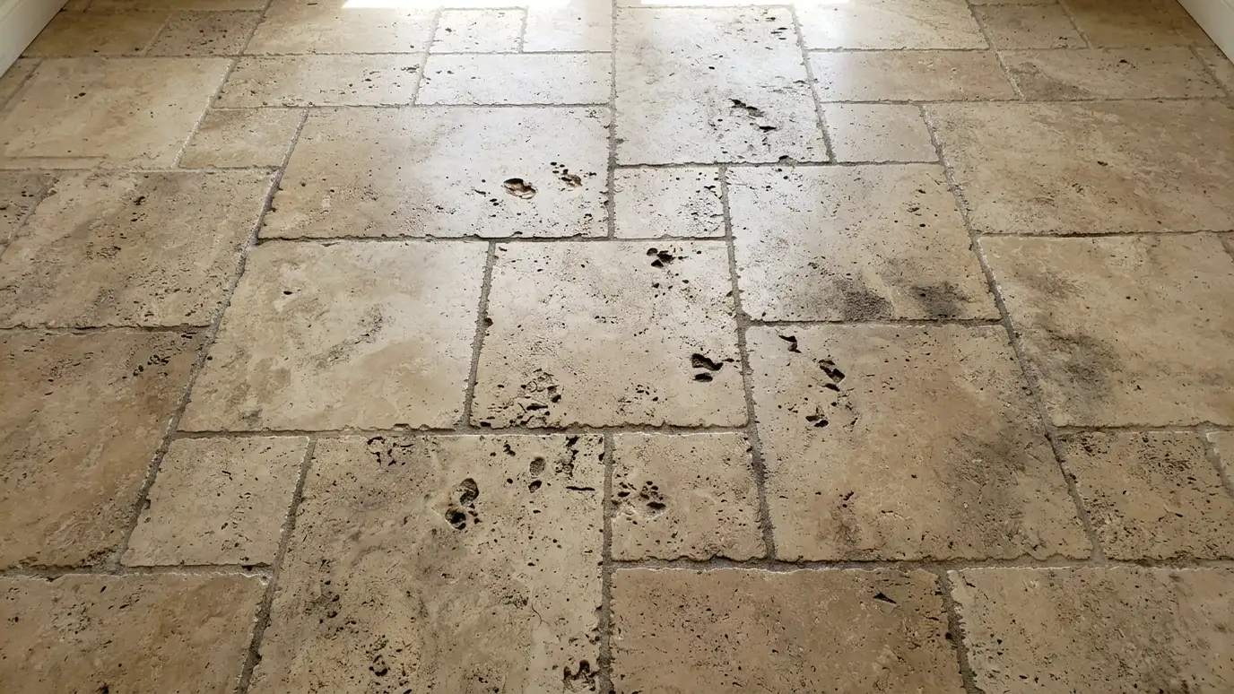 Before: a travertine floor with a dull, pitted surface with dark grout lines