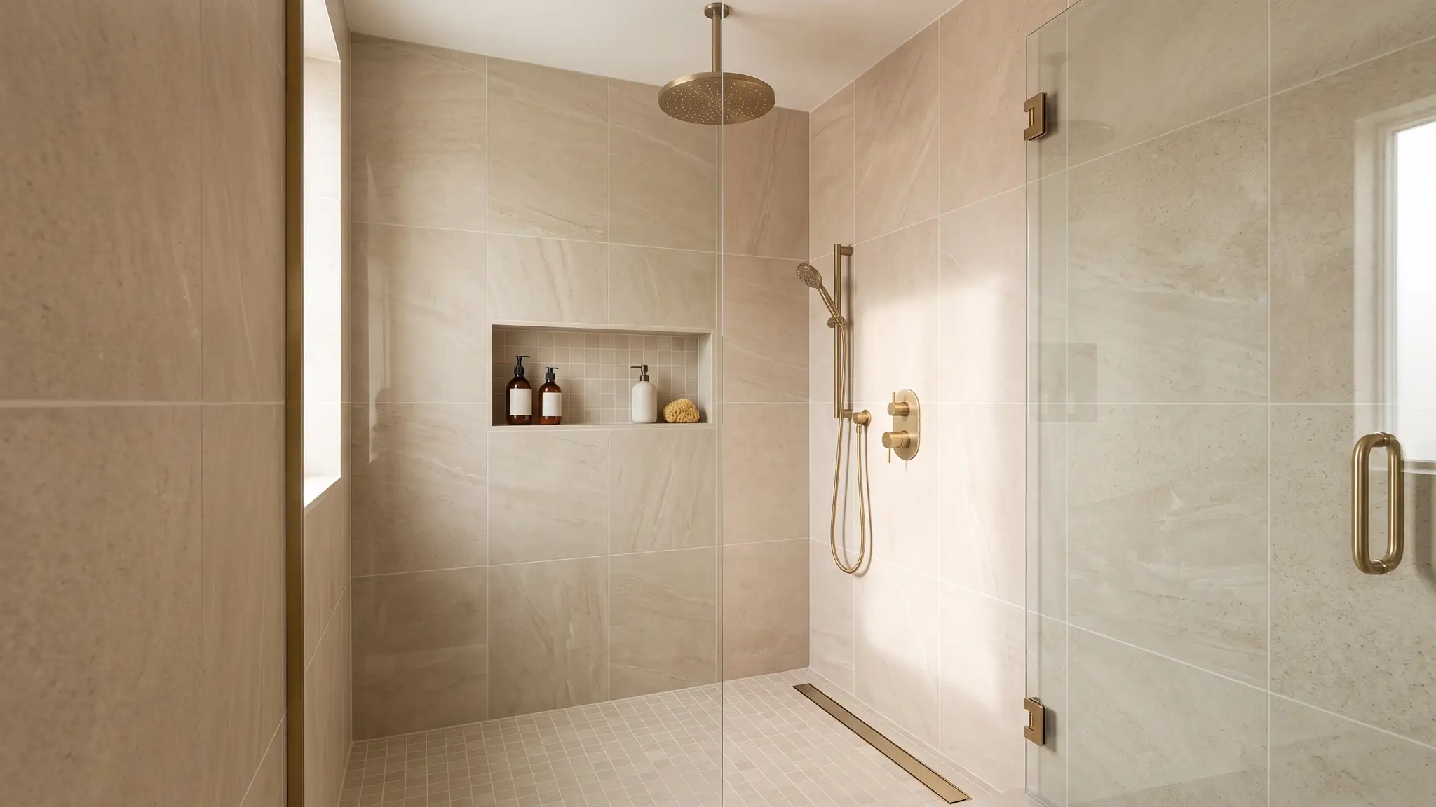 A luxurious walk-in shower with floor to ceiling beige porcelain tile, a rain showerhead, a built-in niche and clean even grout lines in soft morning light