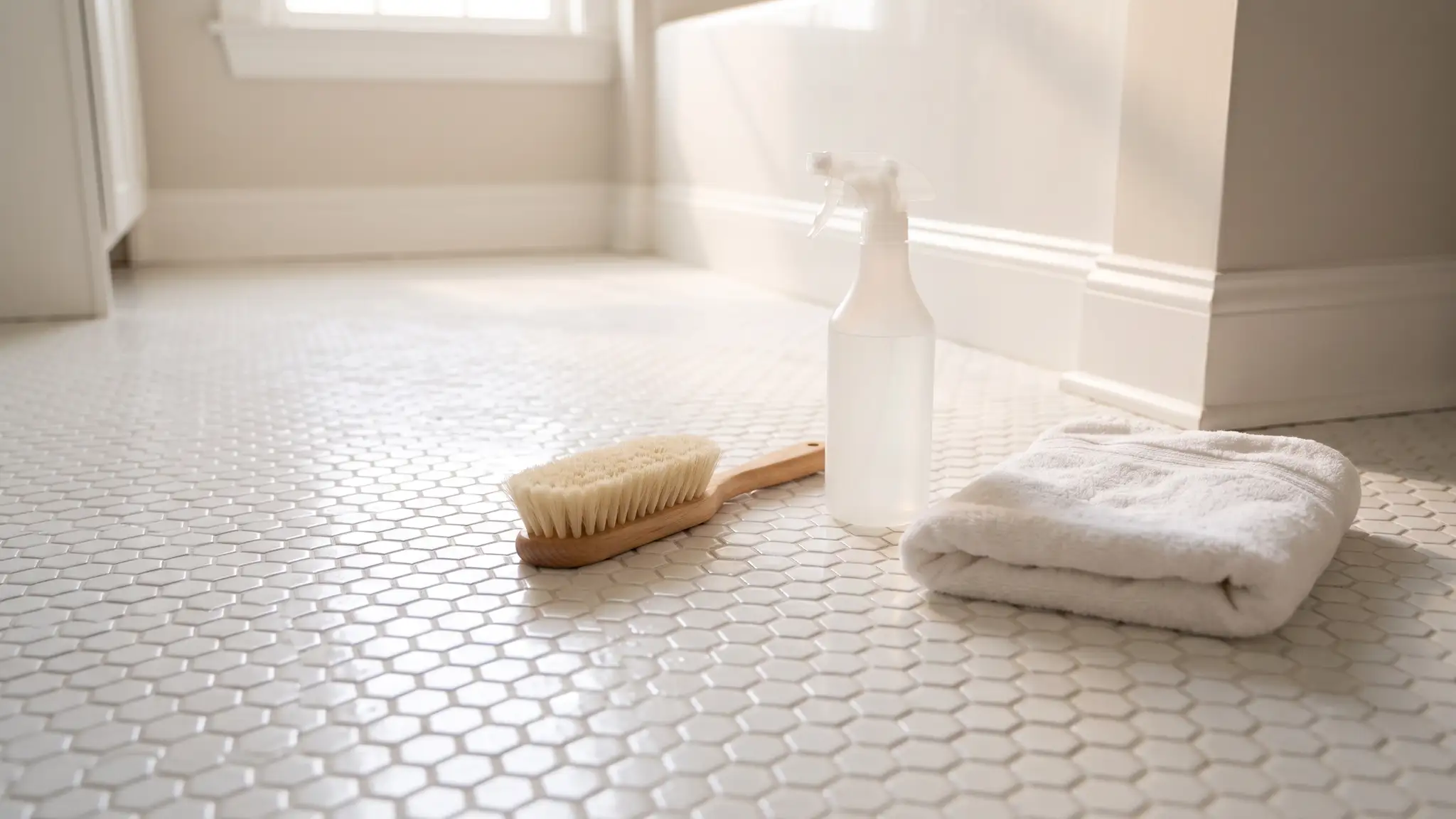 Care and Maintenance | Music City Grout A freshly cleaned tile bathroom floor with white hex tile and bright white grout beside a soft brush and a spray bottle
