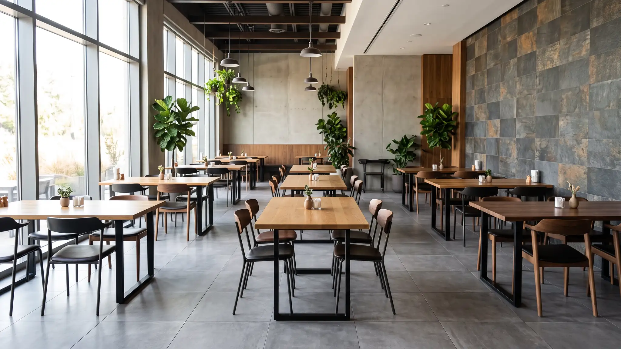 Commercial and Specialty | Music City Grout A clean modern restaurant dining room with large format gray tile floors, wooden tables and a tile accent wall