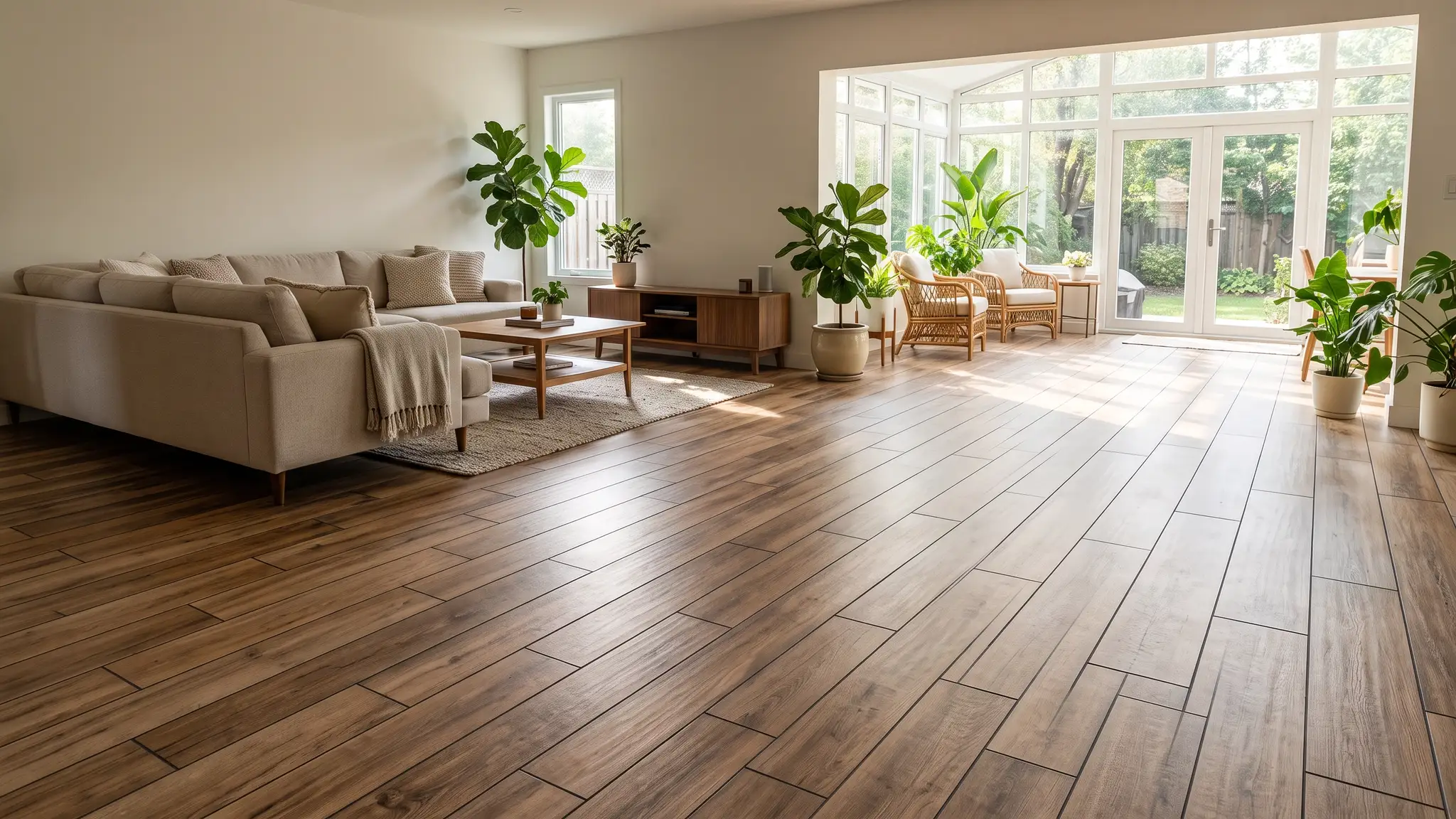 Tile Services | Music City Grout A large living area with wood-look porcelain plank tile floors and clean dark grout lines running into a bright sunroom