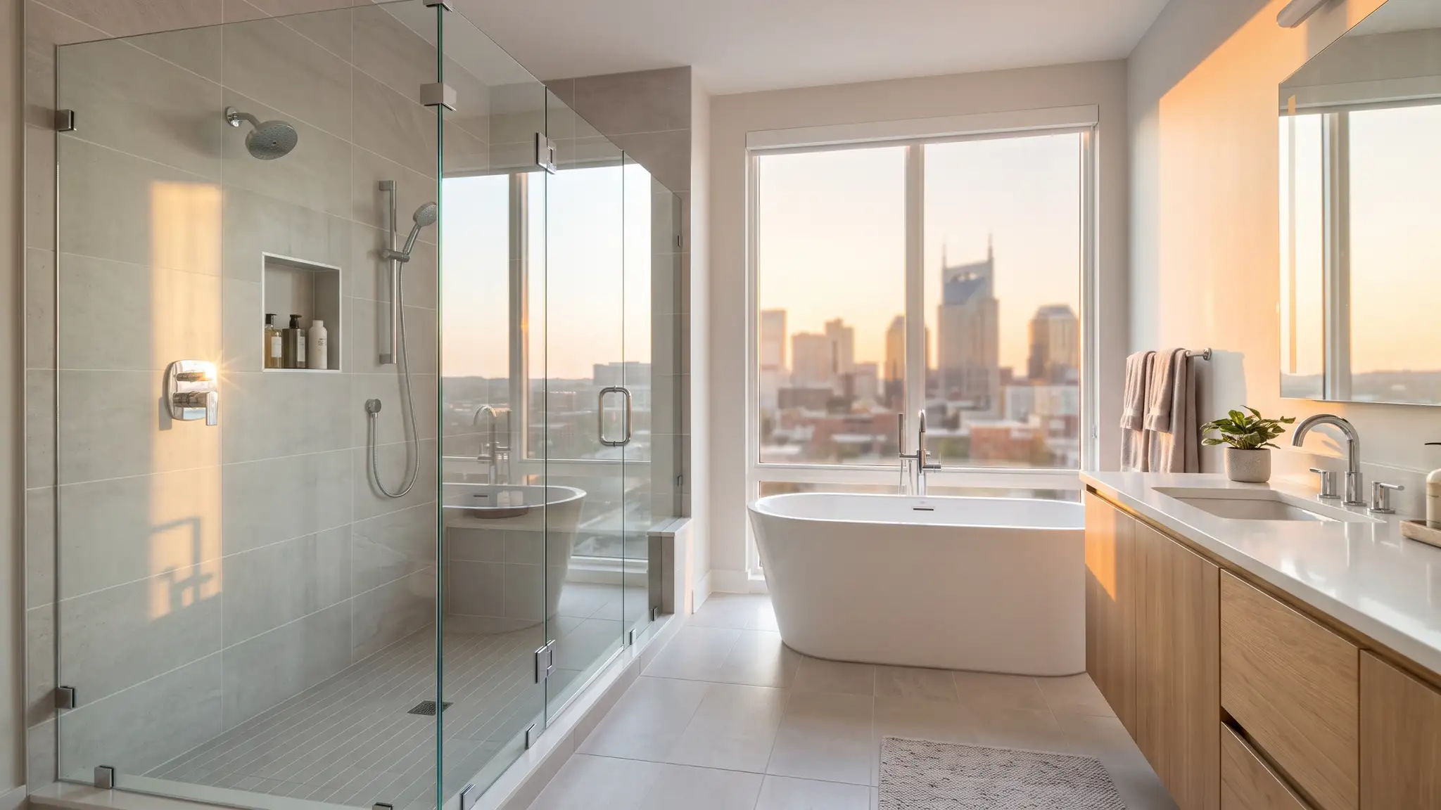 A bright modern bathroom with a frameless glass shower, light gray porcelain tile and clean grout lines with the Nashville skyline softly visible through the window
