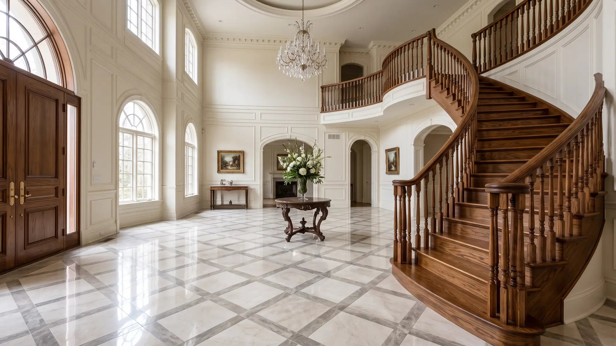 A grand entry hall with a polished cream and gray marble floor in a diagonal pattern and soft window light reflecting on the stone