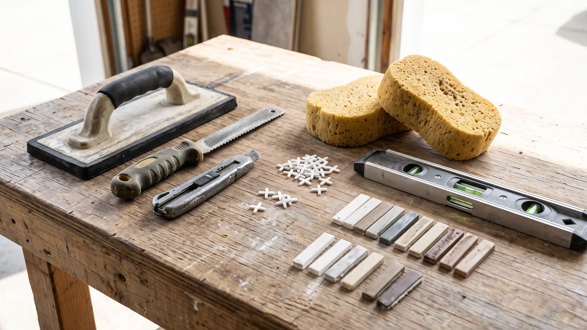 Siding tools and calculators | Music City Grout Tile and grout tools laid on a wooden bench: a grout float, a grout saw, a utility knife, tile spacers, sponges, a level and small grout color sample chips