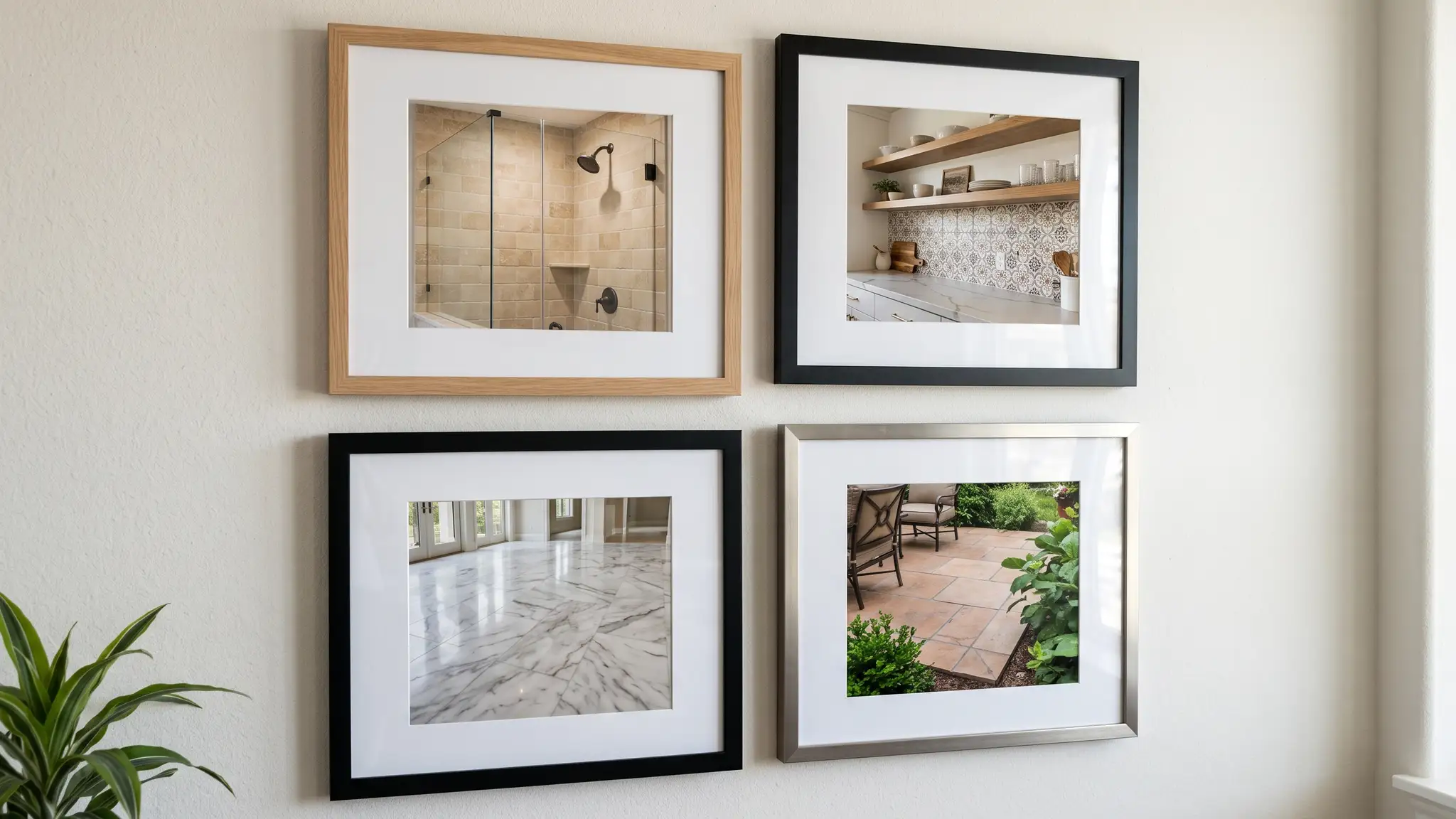 Siding resource guides | Music City Grout A spread of finished tile projects shown as framed photographs on a wall: a beige tile shower, a kitchen backsplash, a marble floor and a patio