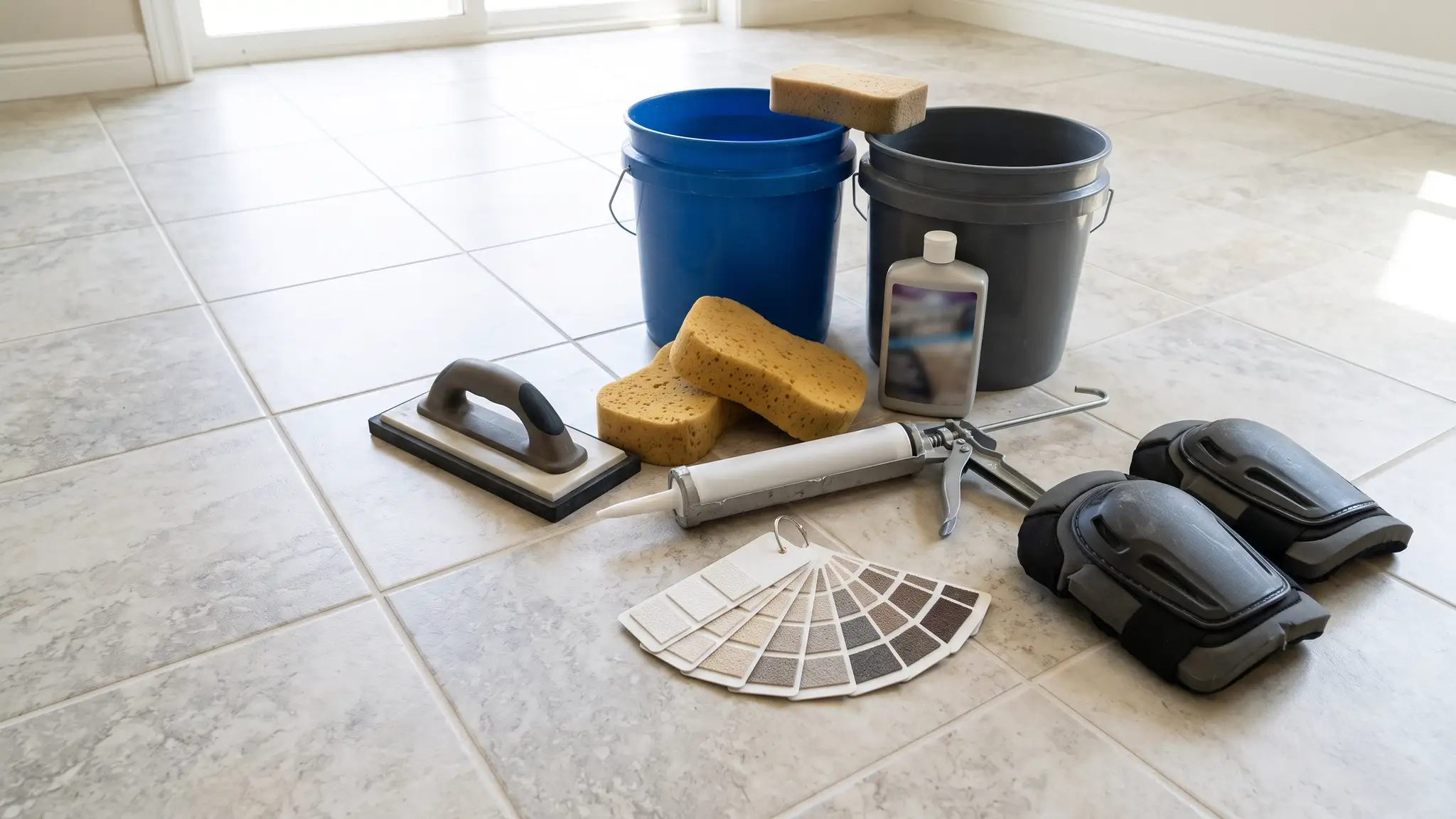 Siding ideas and material guides | Music City Grout A tile and grout restoration setup on a clean tile floor with a grout float, buckets, sponges, grout color sample cards, a bottle of sealer and a caulk gun